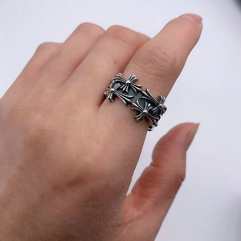 CH In Box 925 Silver punk Cross flowers Ring chrome gothic style
