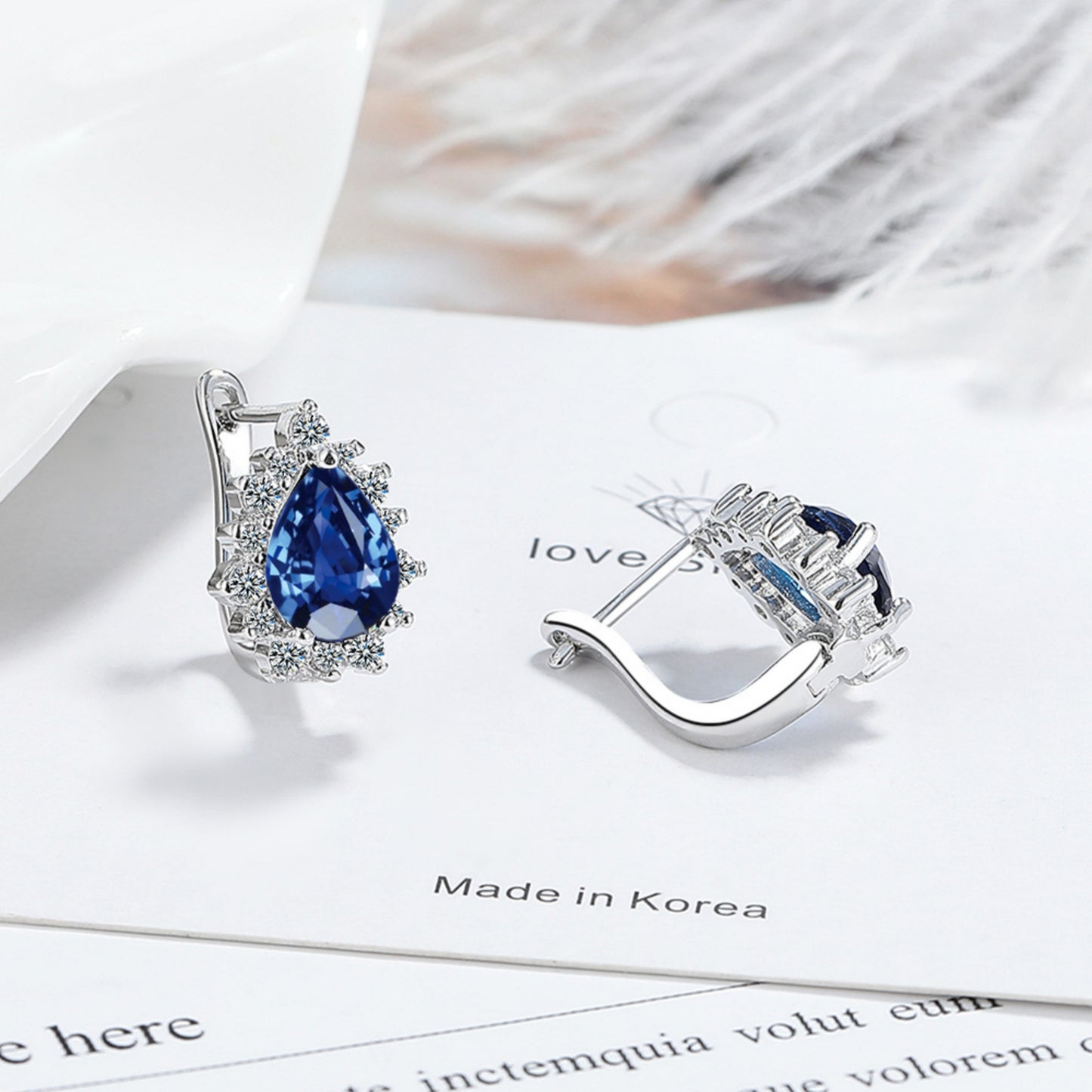 Water Drop Hoop Earrings with Blue Diamond French Classic 925 Silver Earrings Suitable for Women's Gifts
