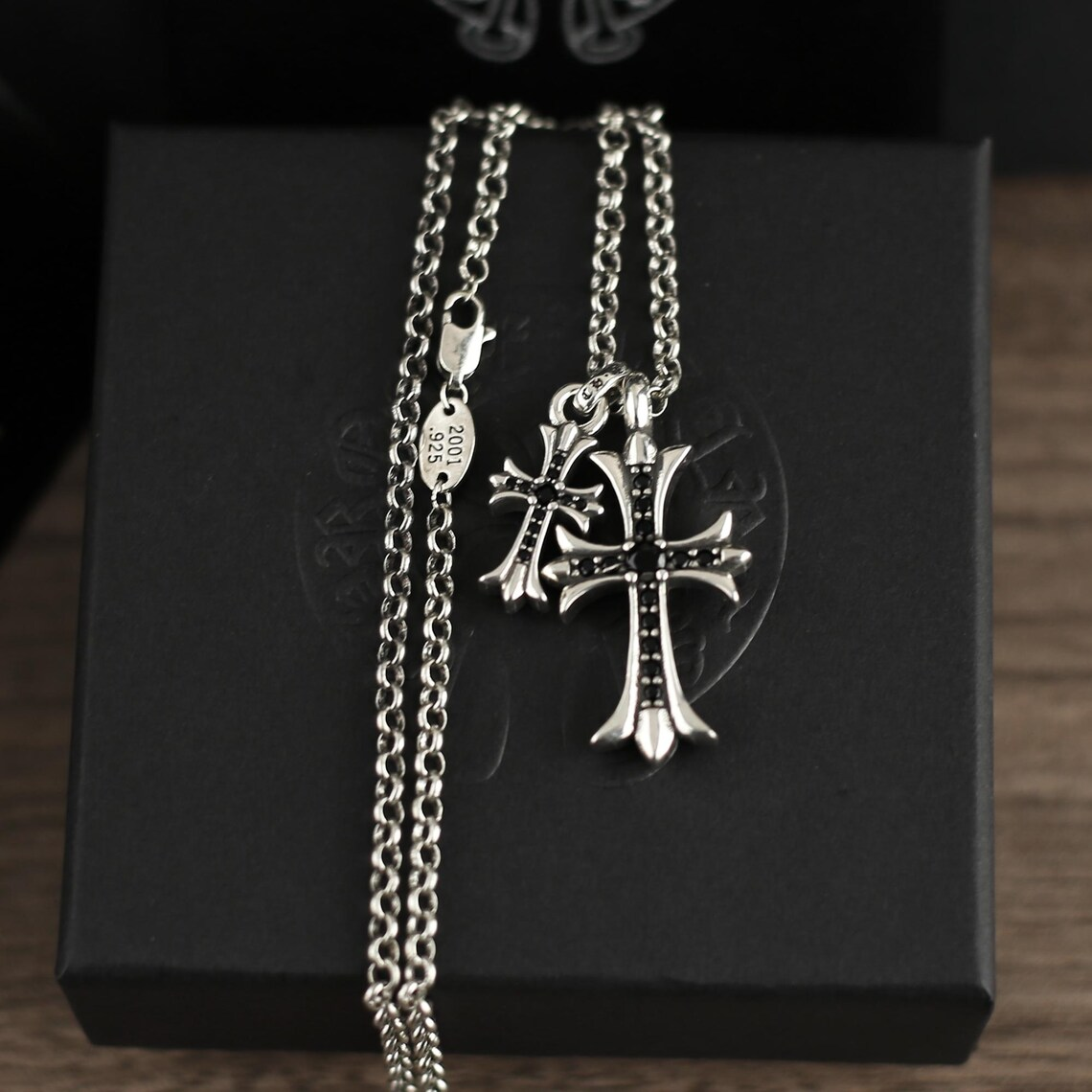 CH In Box 925 Silver Twin Cross Punk Necklace Chrome Choke Chain Gothic Style Y2K Pendant Jewelry Birthday Gift