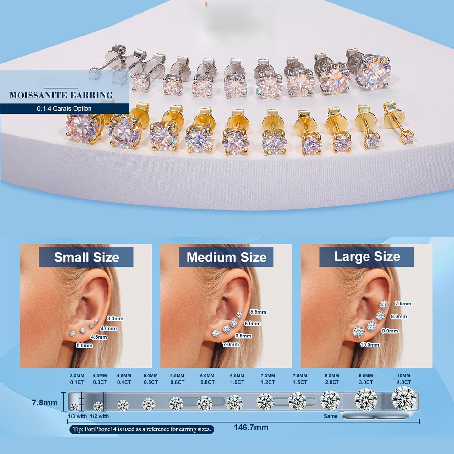 S925 ROUND SYNTHETIC MOISSANITE STUD EARRINGS ANNIVERSARY DAY GIFTS FOR MEN WOMEN