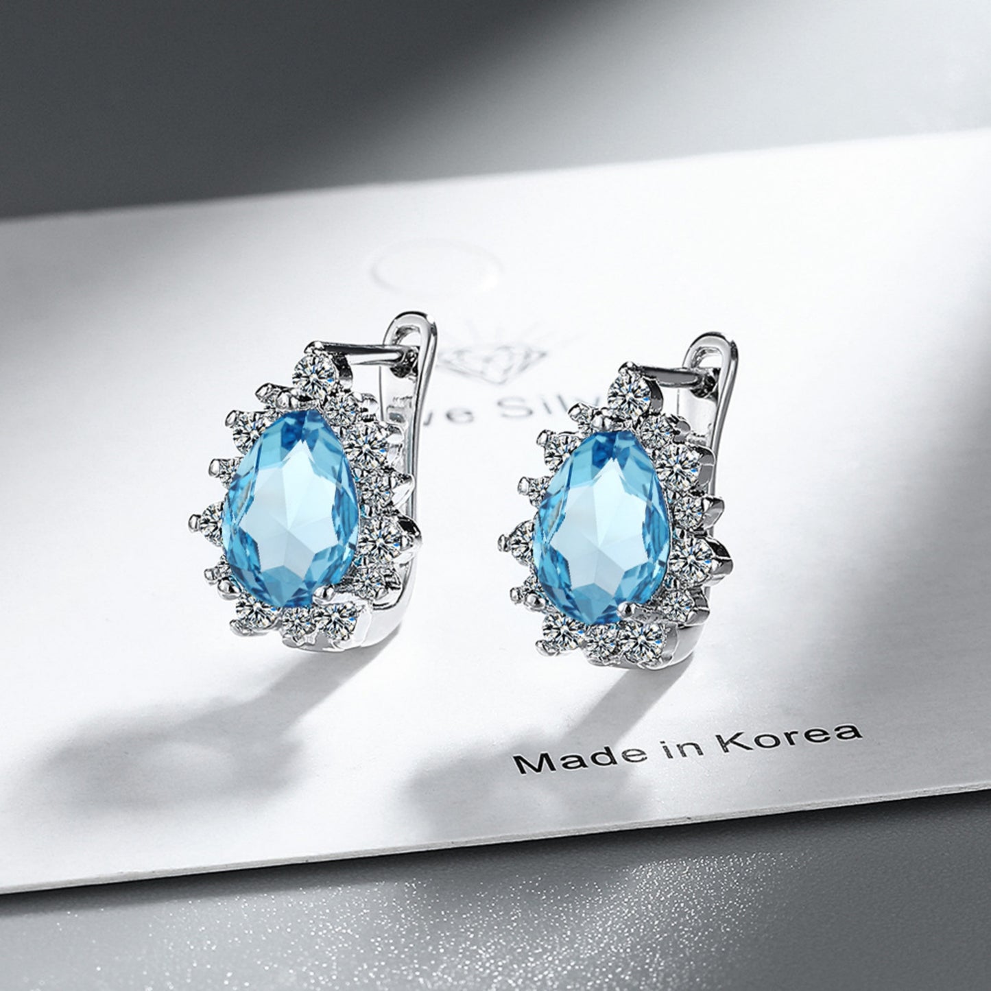 Water Drop Hoop Earrings with Blue Diamond French Classic 925 Silver Earrings Suitable for Women's Gifts