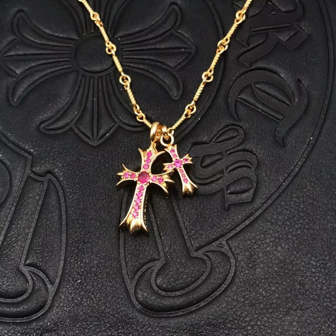Two Cross Vintage White Gold Diamond Necklace Designer Chrome Hearts Style
