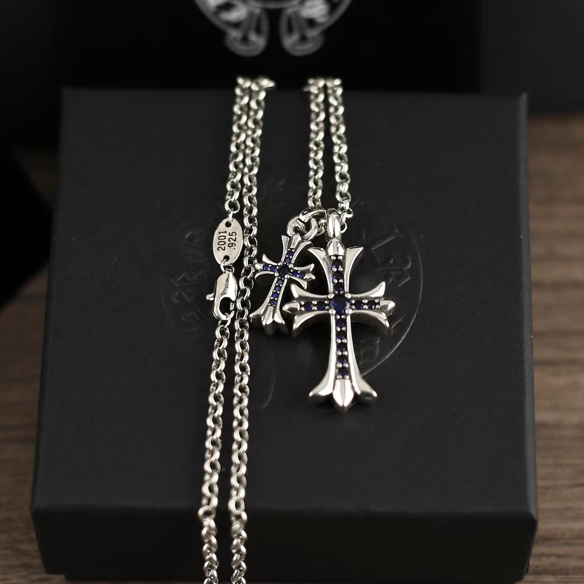 CH In Box 925 Silver Twin Cross Punk Necklace Chrome Choke Chain Gothic Style Y2K Pendant Jewelry Birthday Gift