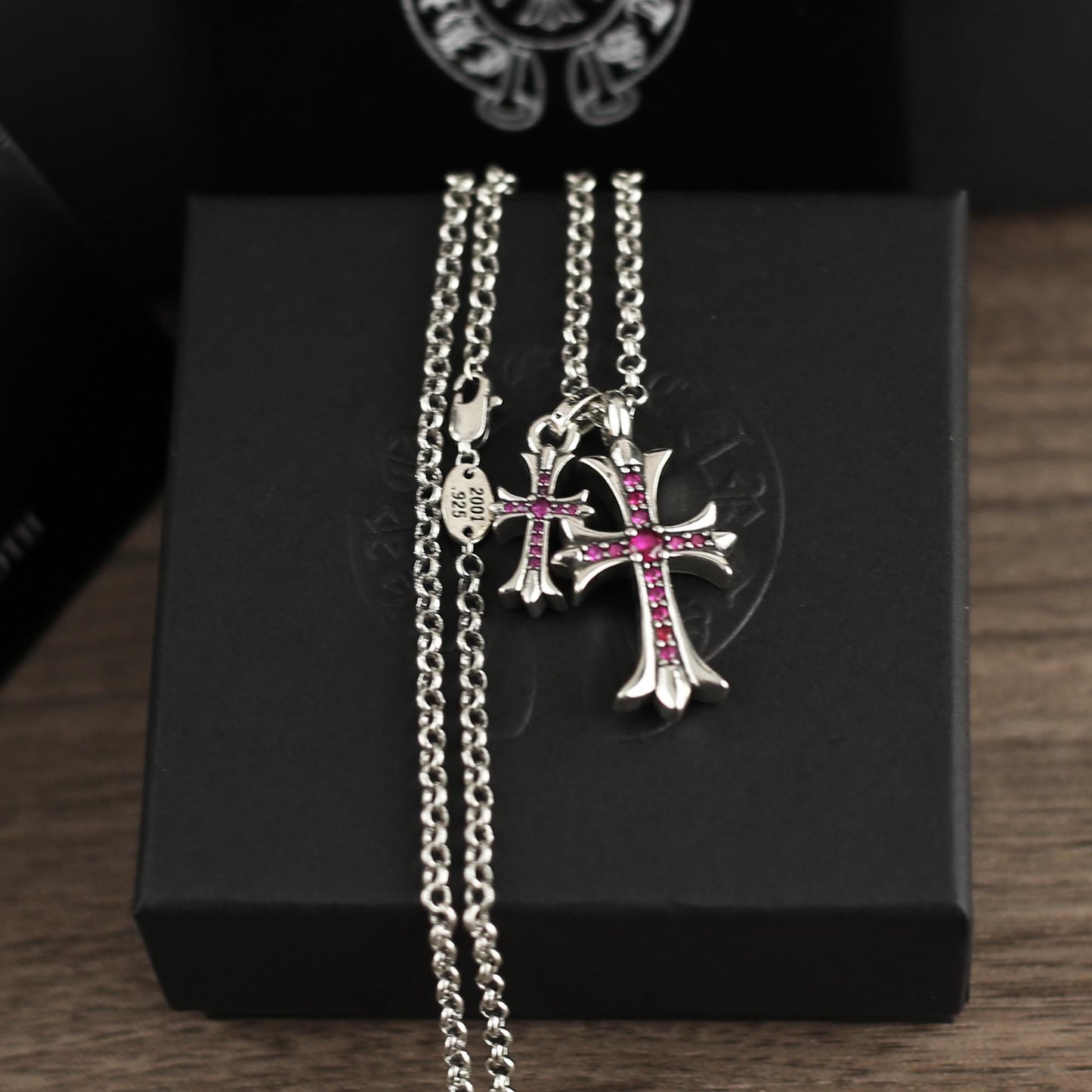 CH In Box 925 Silver Twin Cross Punk Necklace Chrome Choke Chain Gothic Style Y2K Pendant Jewelry Birthday Gift