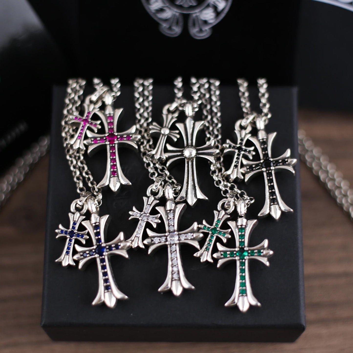 CH In Box 925 Silver Twin Cross Punk Necklace Chrome Choke Chain Gothic Style Y2K Pendant Jewelry Birthday Gift