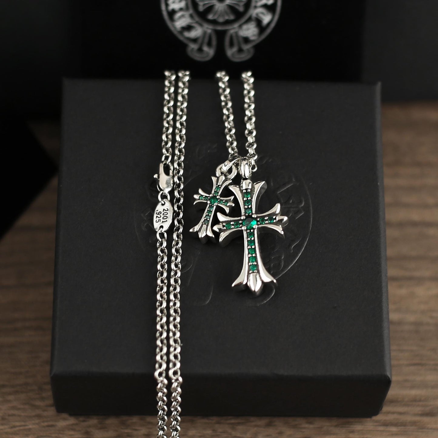 CH In Box 925 Silver Twin Cross Punk Necklace Chrome Choke Chain Gothic Style Y2K Pendant Jewelry Birthday Gift