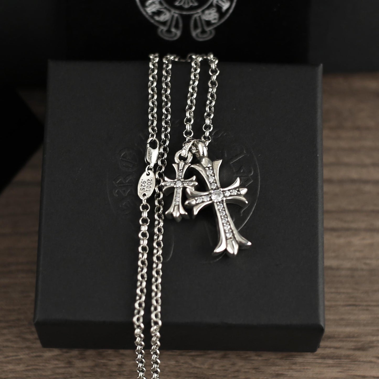 CH In Box 925 Silver Twin Cross Punk Necklace Chrome Choke Chain Gothic Style Y2K Pendant Jewelry Birthday Gift