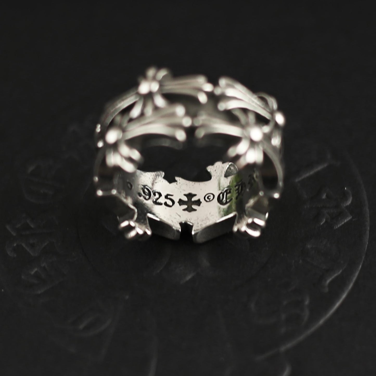CH In Box 925 Silver punk Cross flowers Ring chrome gothic style