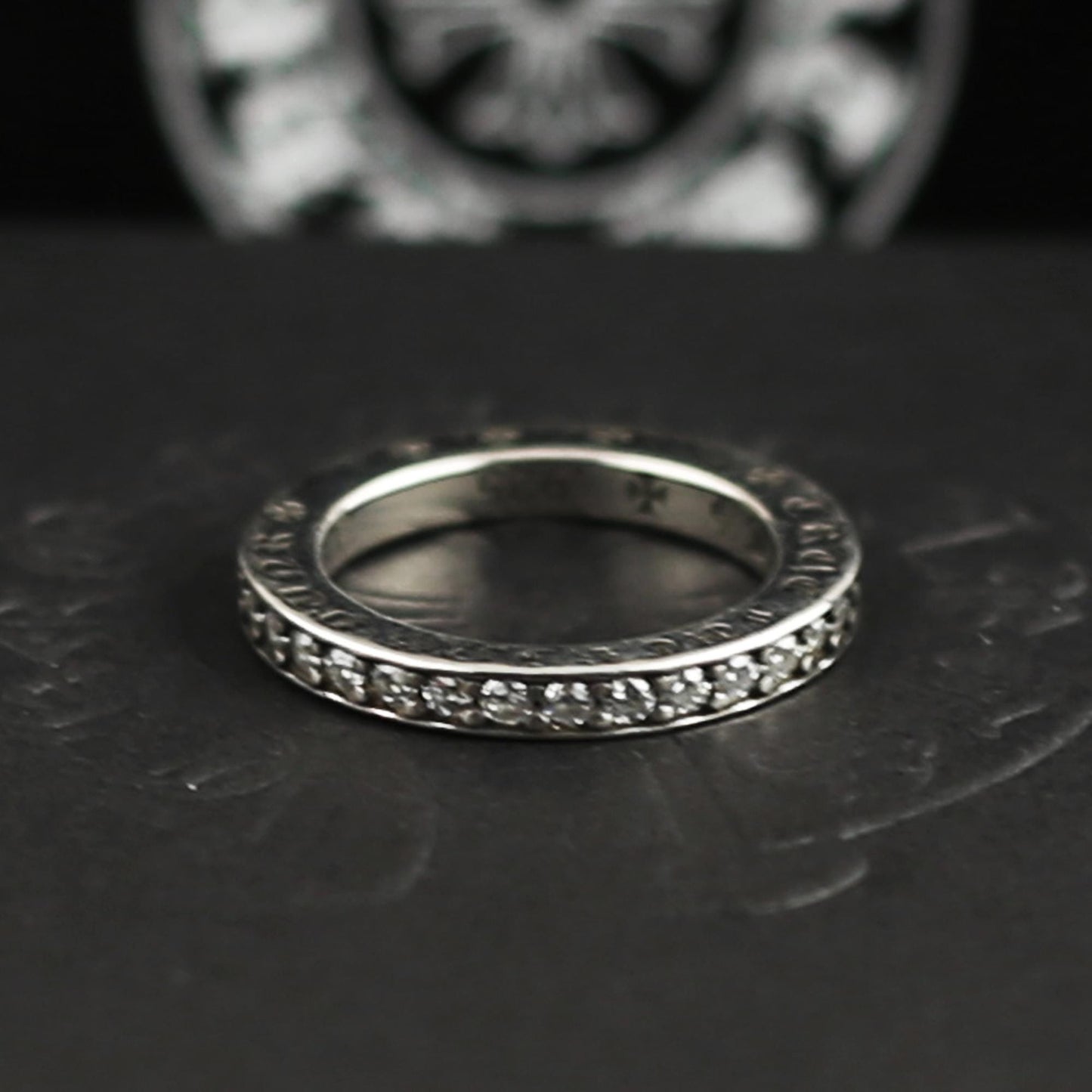 CH In Box 925 Silver Punk Zircon Letter Cross Flower Ring Chrome Gothic Style