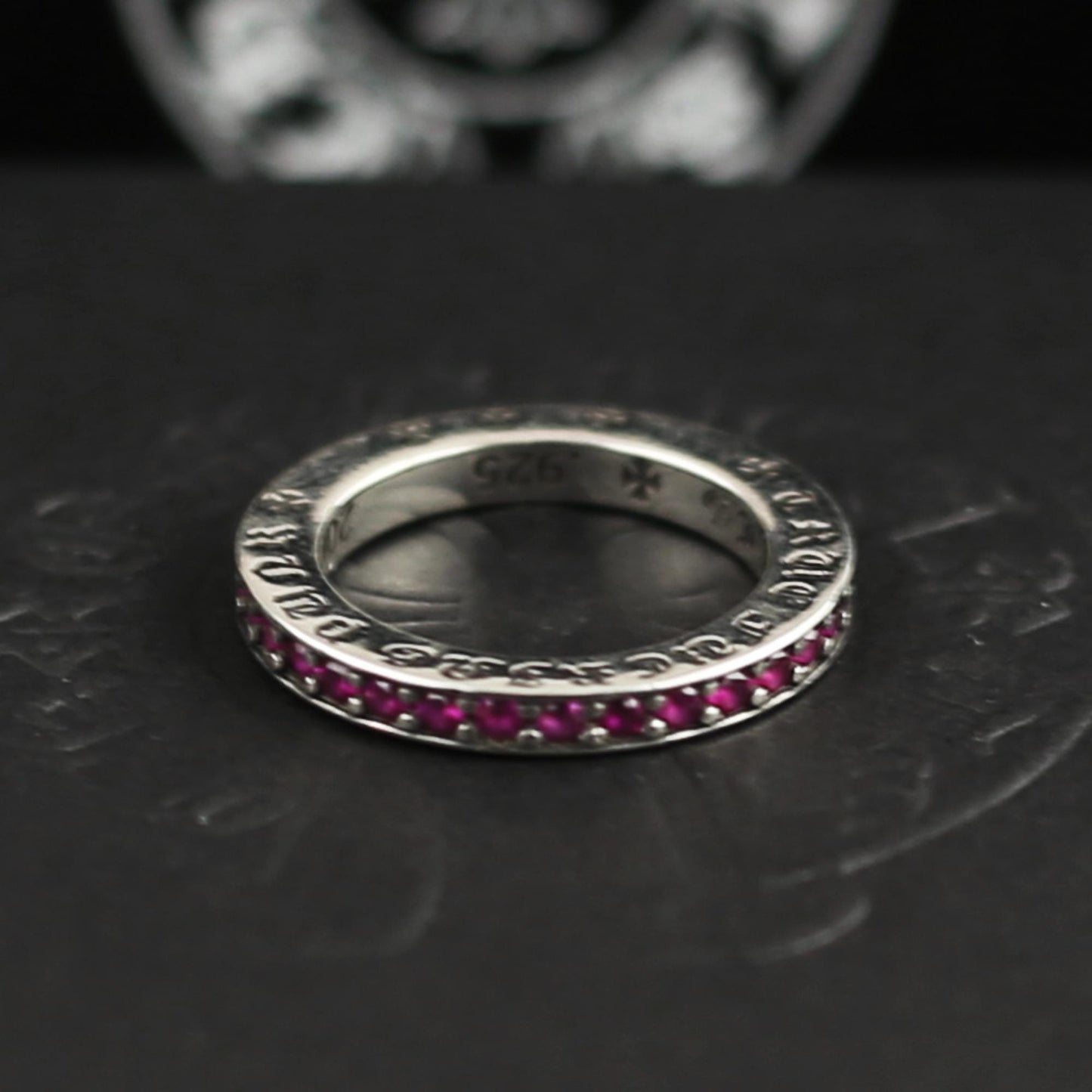 CH In Box 925 Silver Punk Zircon Letter Cross Flower Ring Chrome Gothic Style