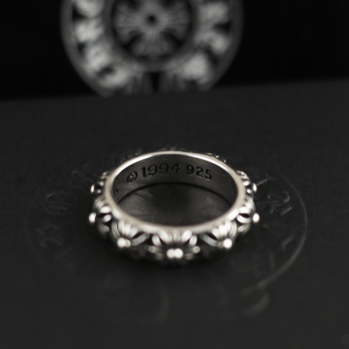 CH In Box 925 Silver punk cross flowers Ring chrome gothic style
