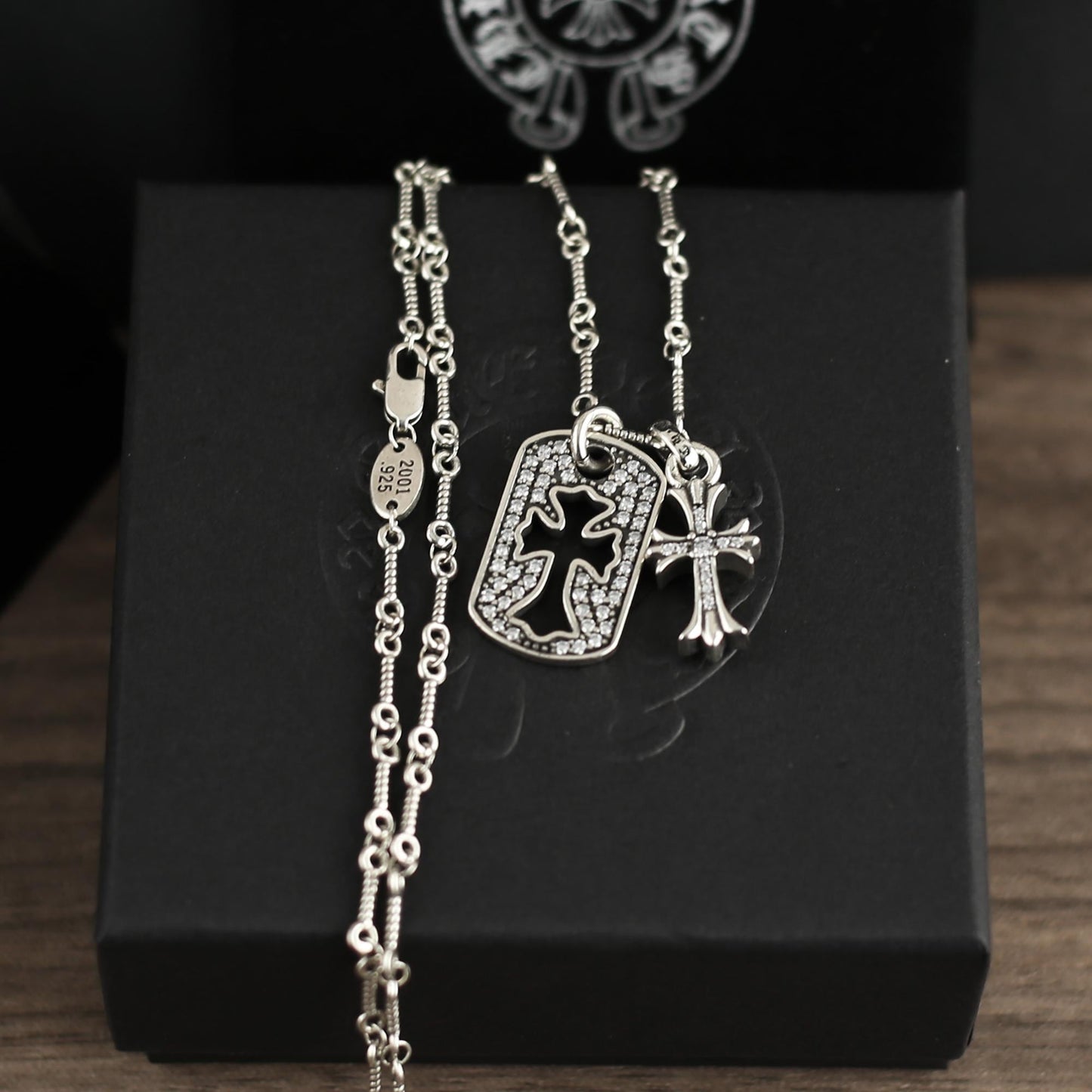 CH In Box 925 Silver Vintage Zircon Cross Dog Tag Pedant necklace chrome chain gothic style