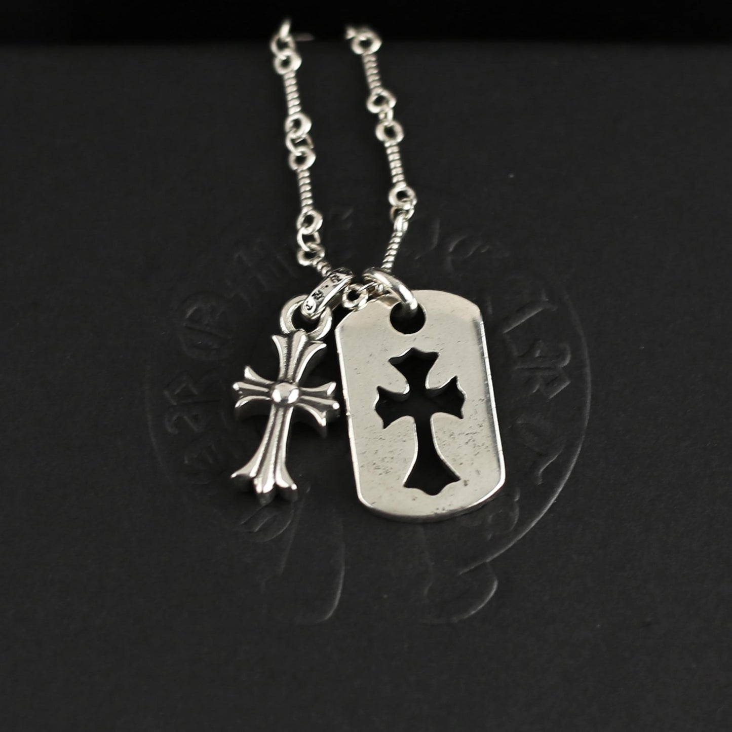 CH In Box 925 Silver Vintage Zircon Cross Dog Tag Pedant necklace chrome chain gothic style