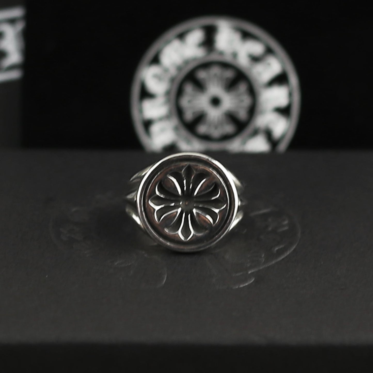 CH In Box 925 Silver cross medal Ring chrome cross flower gothic style