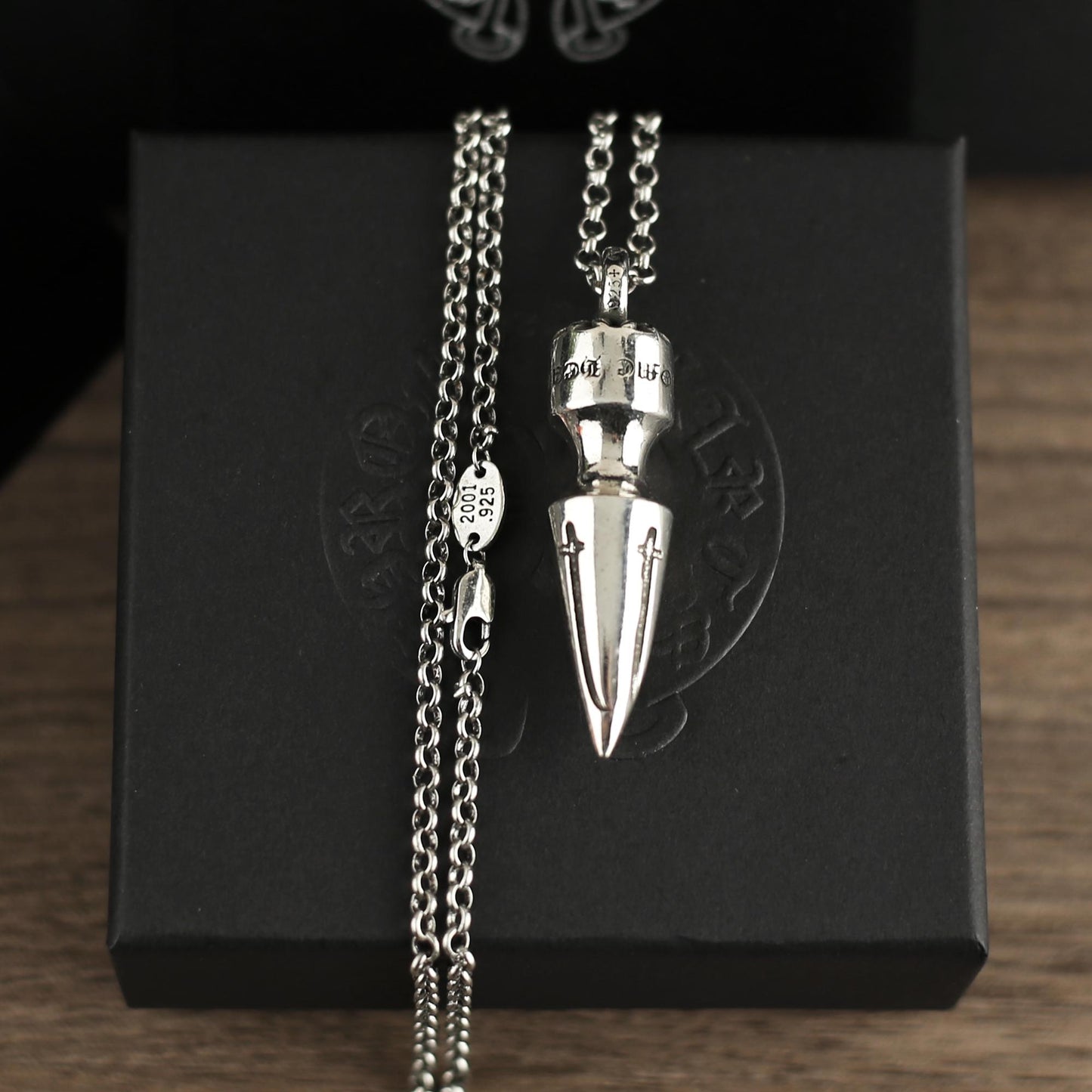 CH In Box 925 Silver Big and small bullets Pendant necklace chrome choke chain gothic style