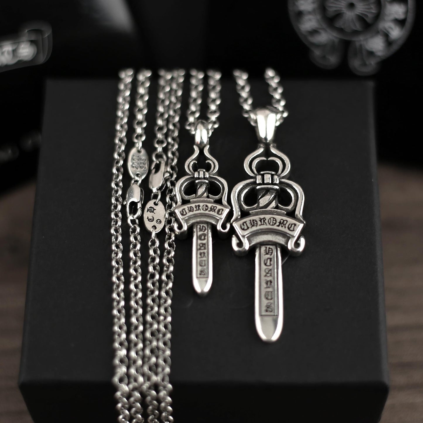 CH In Box 925 Silver dagger Pendant necklace Big Sword Pendant necklace chrome choke chain gothic style