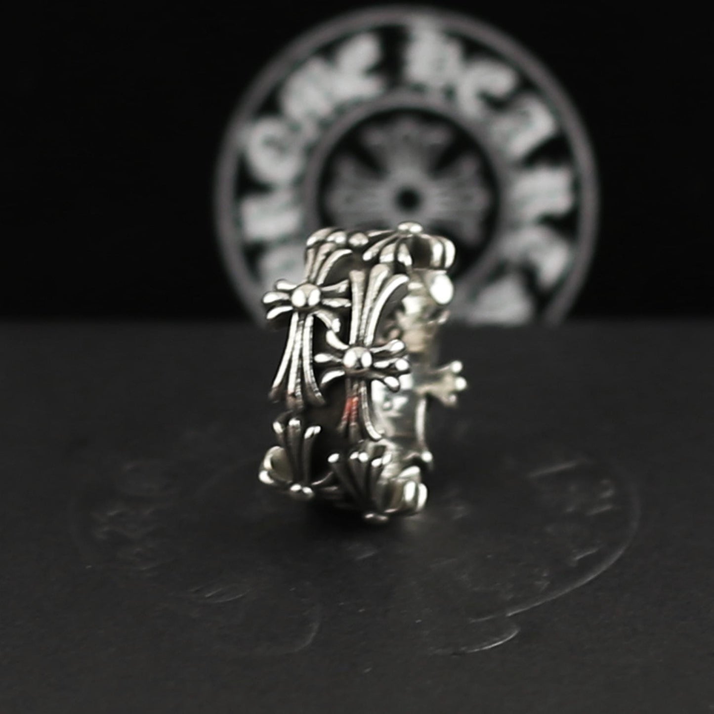 CH In Box 925 Silver punk Cross flowers Ring chrome gothic style