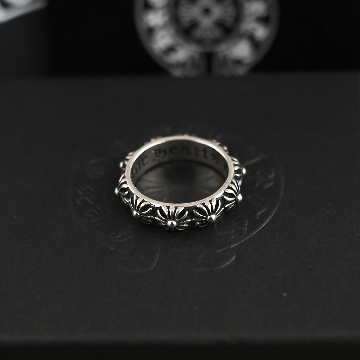 CH In Box 925 Silver punk cross flowers Ring chrome gothic style