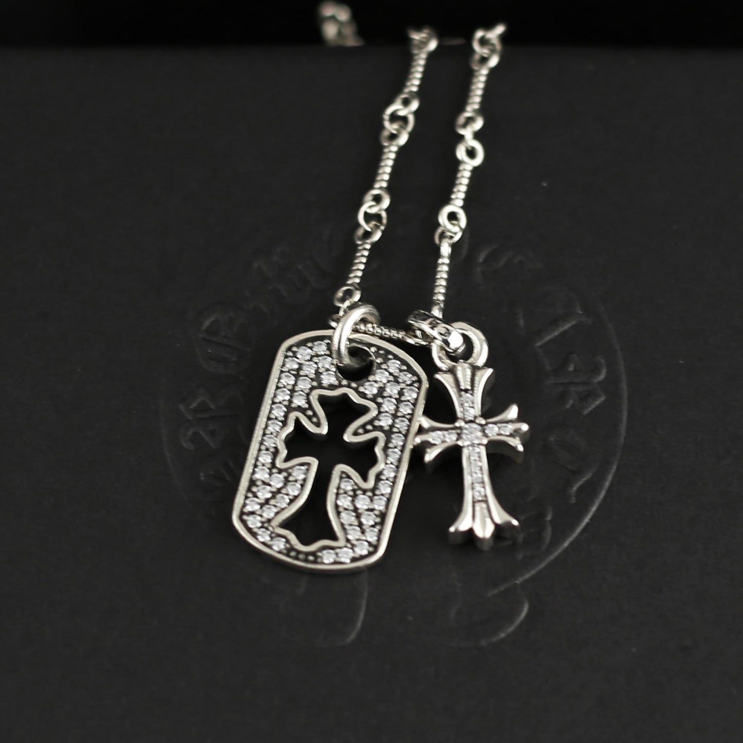 CH In Box 925 Silver Vintage Zircon Cross Dog Tag Pedant necklace chrome chain gothic style