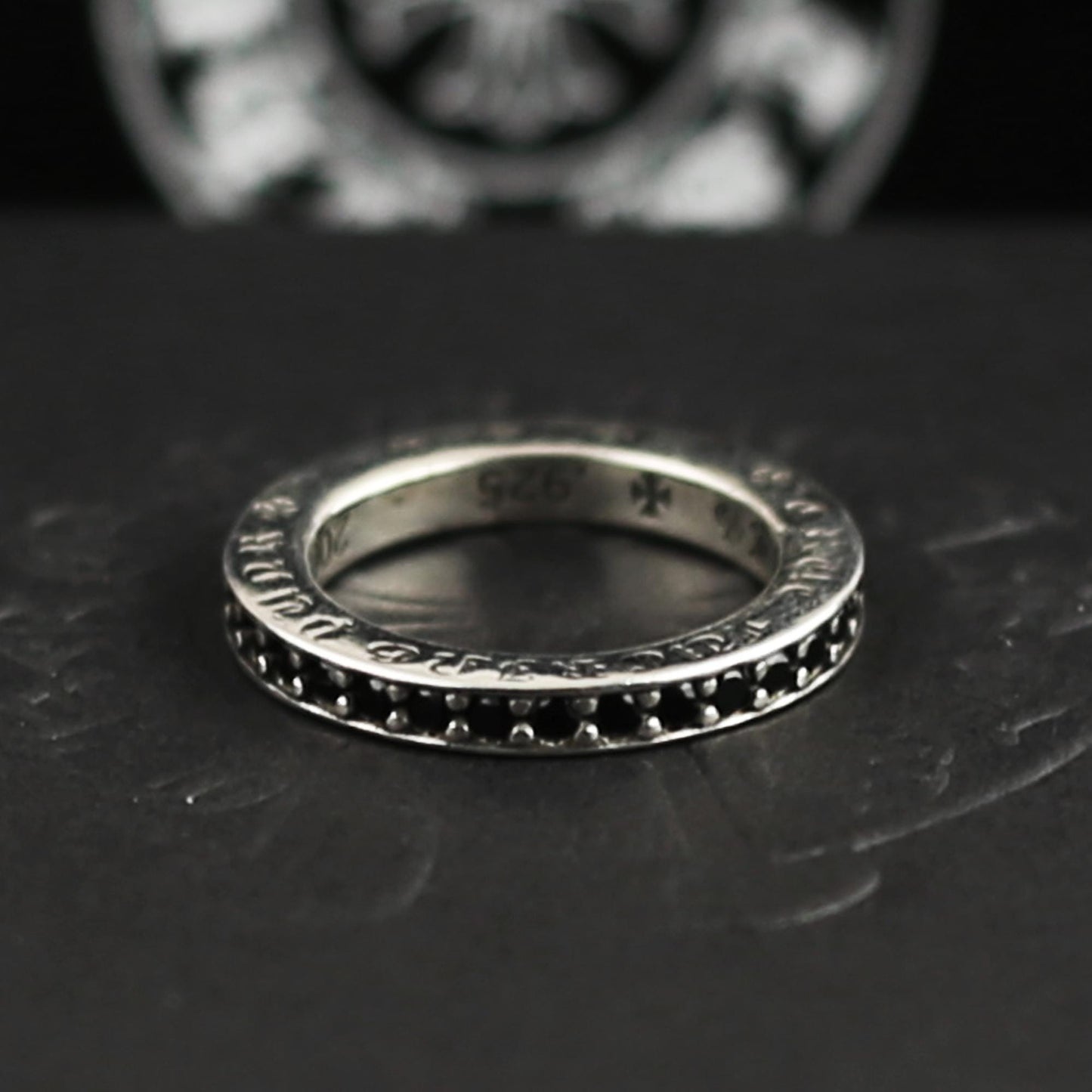 CH In Box 925 Silver Punk Zircon Letter Cross Flower Ring Chrome Gothic Style