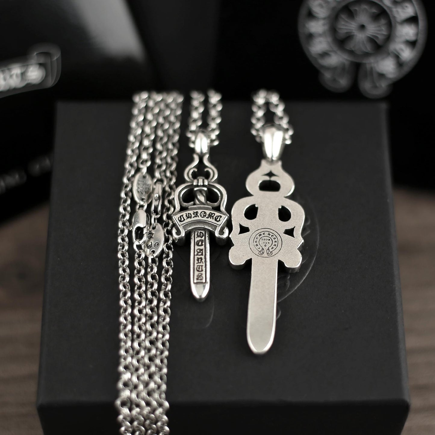 CH In Box 925 Silver dagger Pendant necklace Big Sword Pendant necklace chrome choke chain gothic style