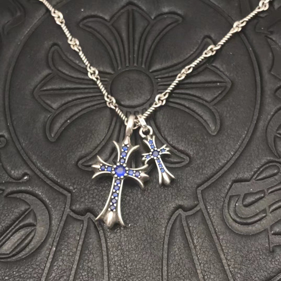 Two Cross Vintage White Gold Diamond Necklace Designer Chrome Hearts Style