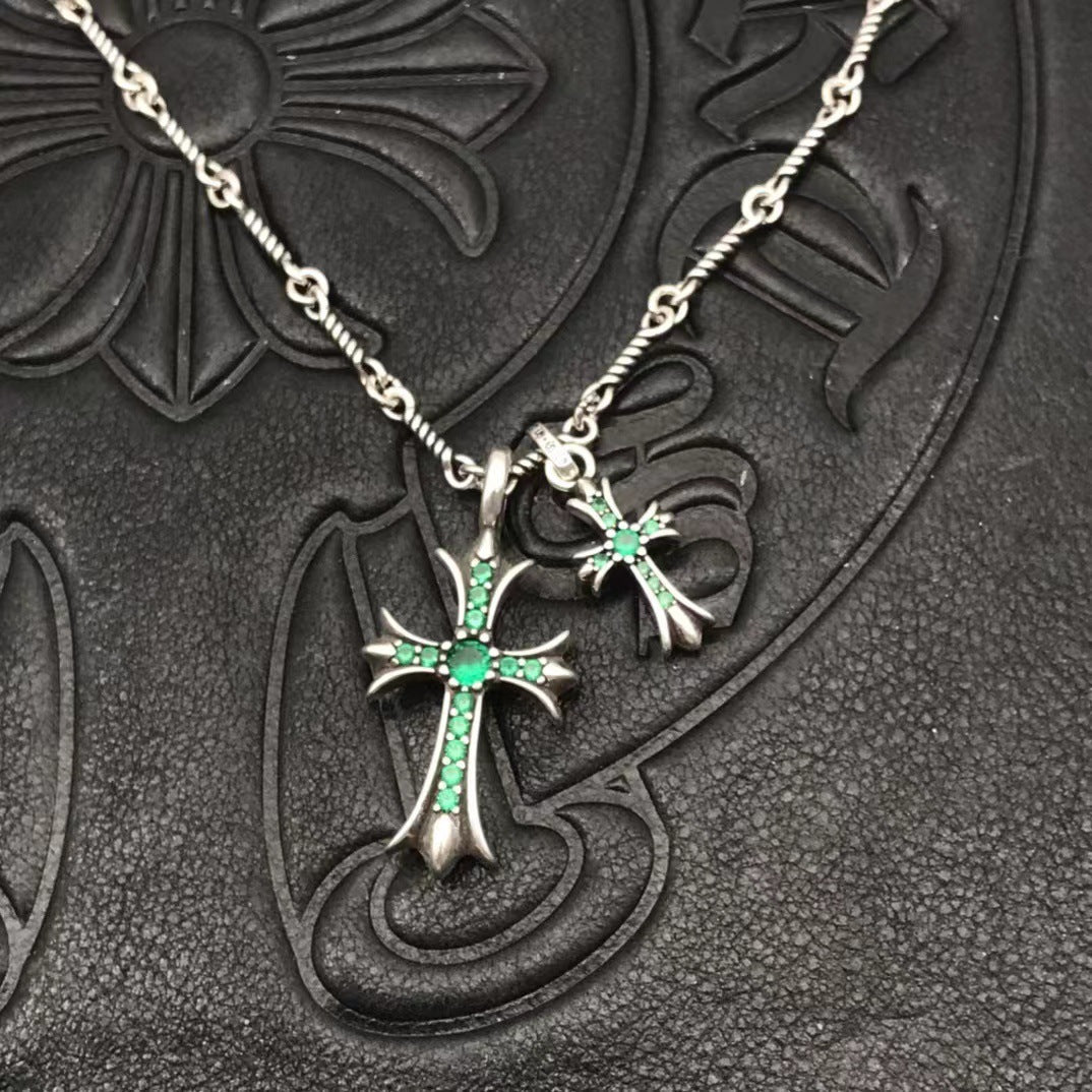 Two Cross Vintage White Gold Diamond Necklace Designer Chrome Hearts Style