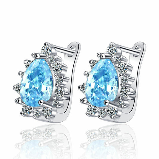 Water Drop Hoop Earrings with Blue Diamond French Classic 925 Silver Earrings Suitable for Women's Gifts