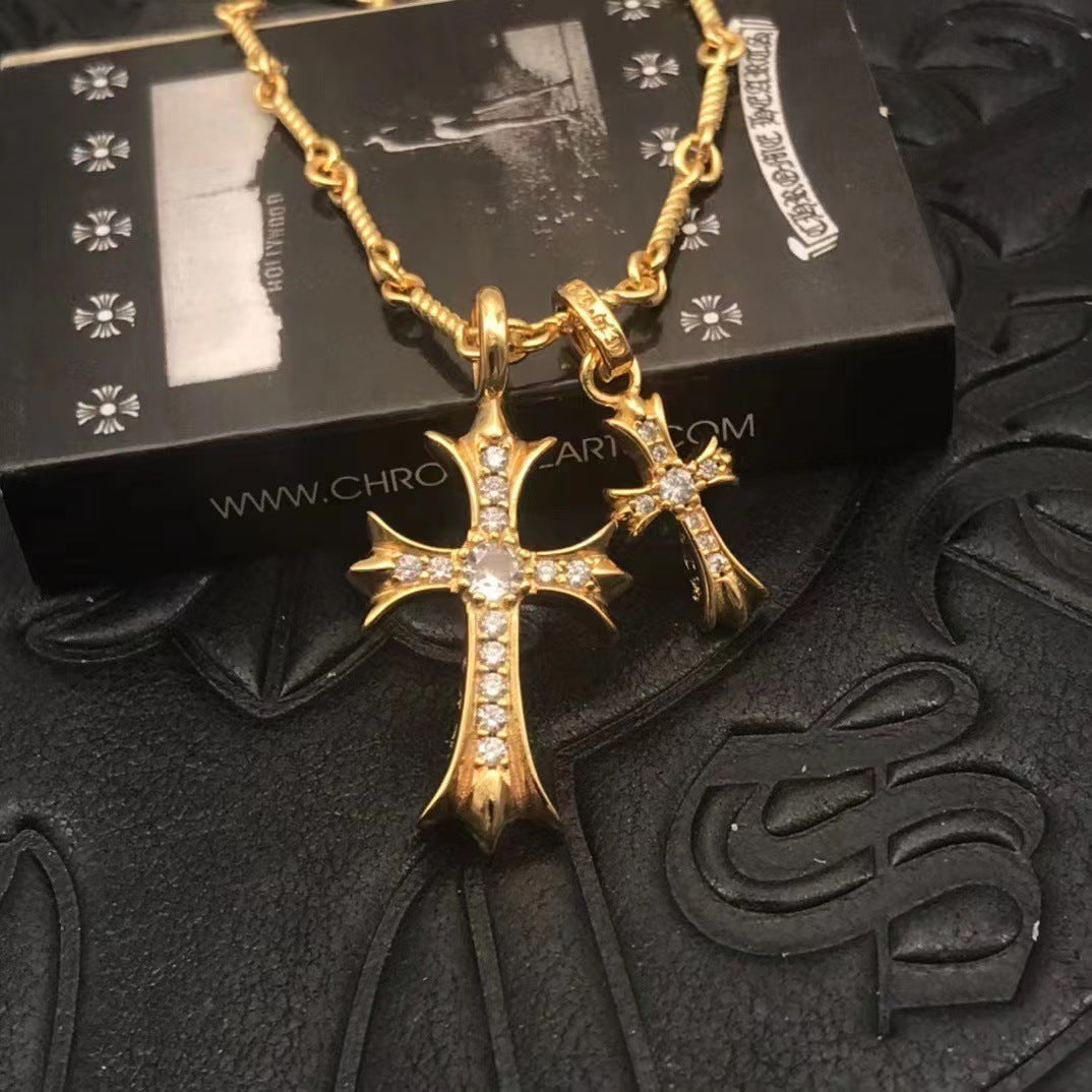 Two Cross Vintage White Gold Diamond Necklace Designer Chrome Hearts Style