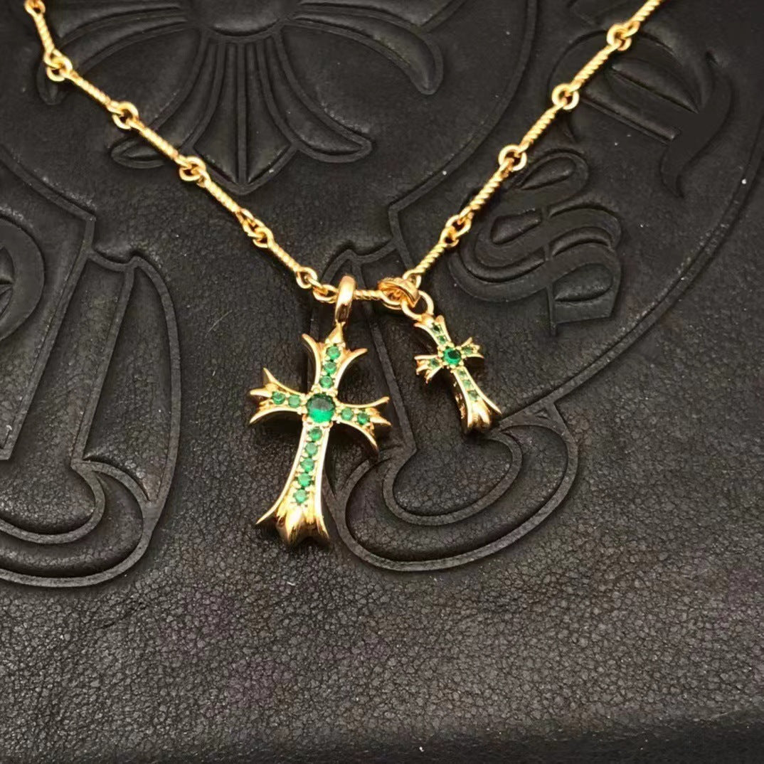 Two Cross Vintage White Gold Diamond Necklace Designer Chrome Hearts Style