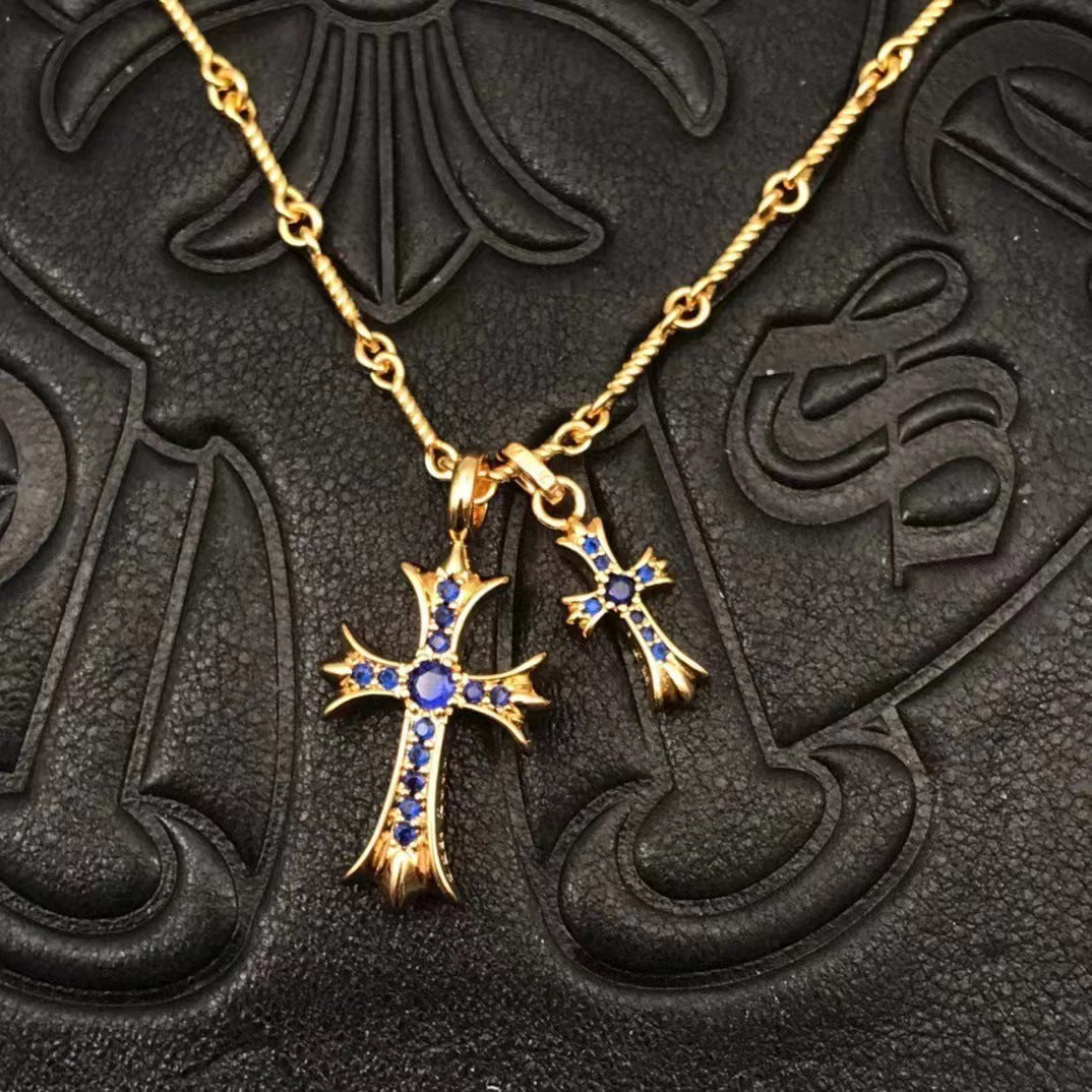 Two Cross Vintage White Gold Diamond Necklace Designer Chrome Hearts Style