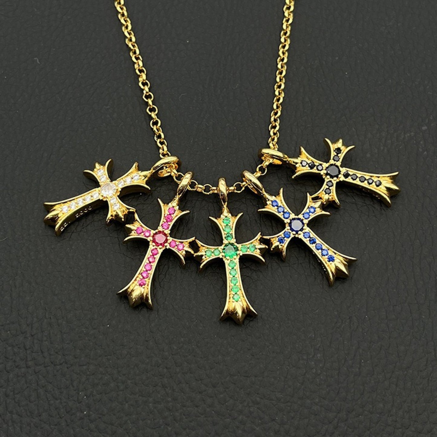 Two Cross Vintage White Gold Diamond Necklace Designer Chrome Hearts Style