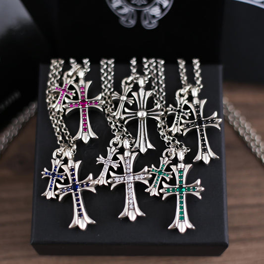 CH In Box 925 Silver Twin Cross Punk Necklace Chrome Choke Chain Gothic Style Y2K Pendant Jewelry Birthday Gift