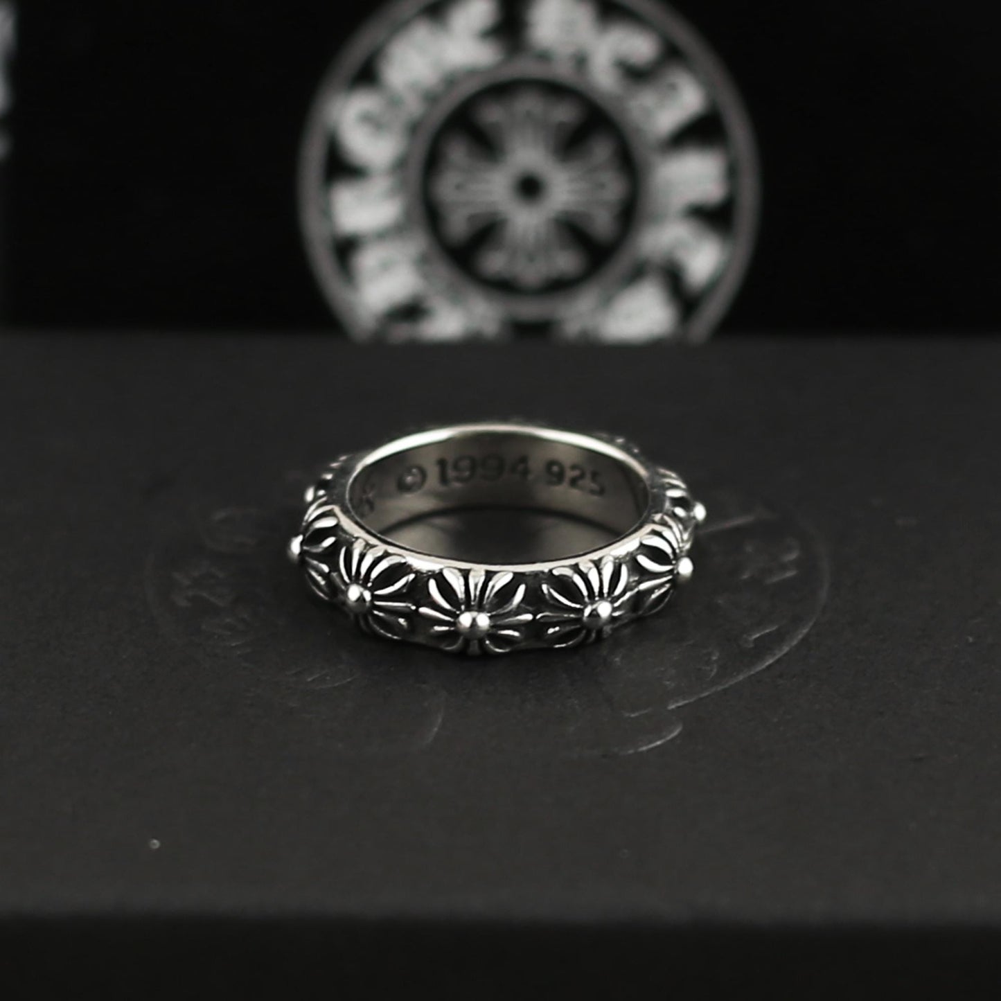 CH In Box 925 Silver punk cross flowers Ring chrome gothic style