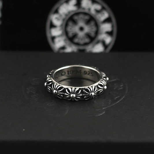 CH In Box 925 Silver punk cross flowers Ring chrome gothic style