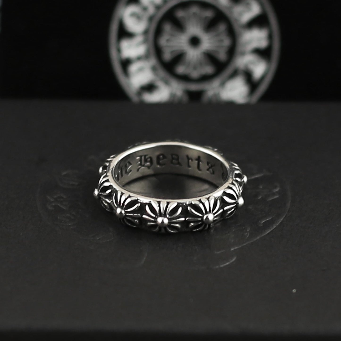 CH In Box 925 Silver punk cross flowers Ring chrome gothic style