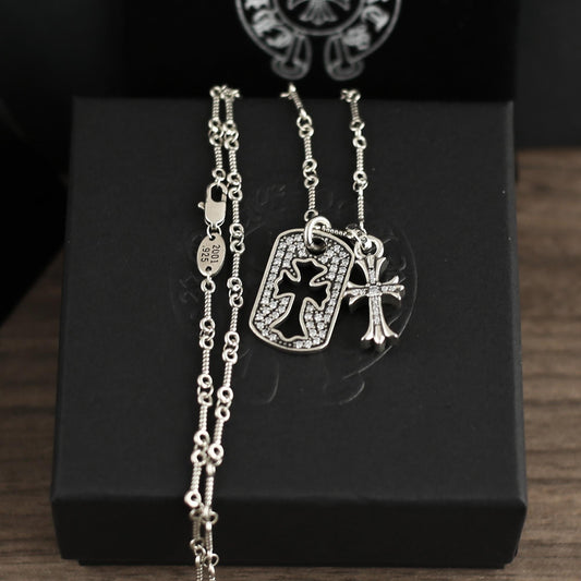 CH In Box 925 Silver Vintage Zircon Cross Dog Tag Pedant necklace chrome chain gothic style
