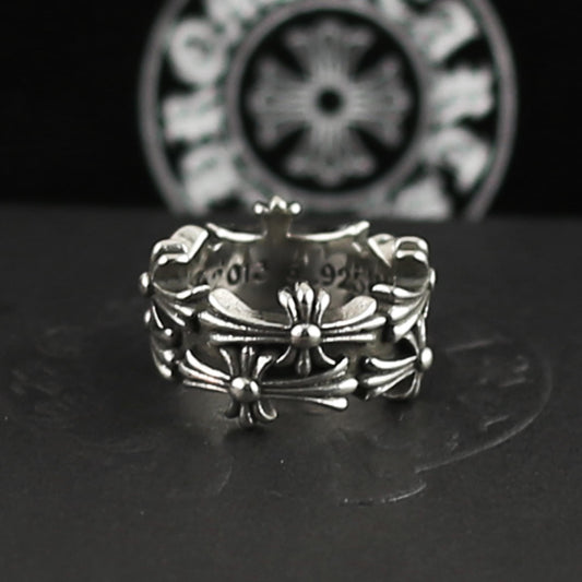 CH In Box 925 Silver punk Cross flowers Ring chrome gothic style